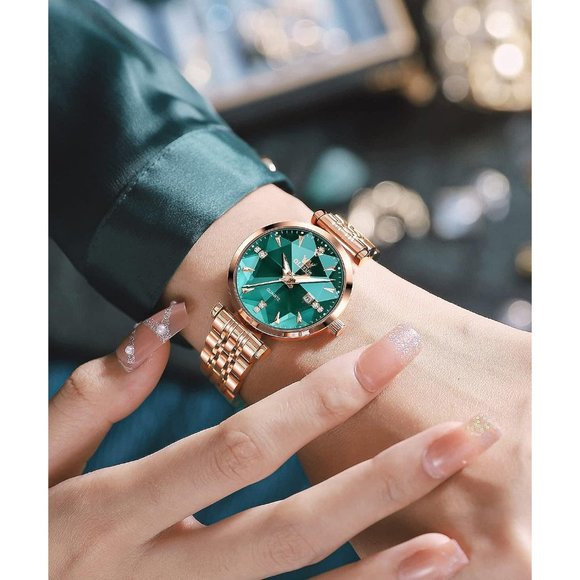 Women Green Dial Rose Gold Stainless Steel Band Waterproof Watch main image 8